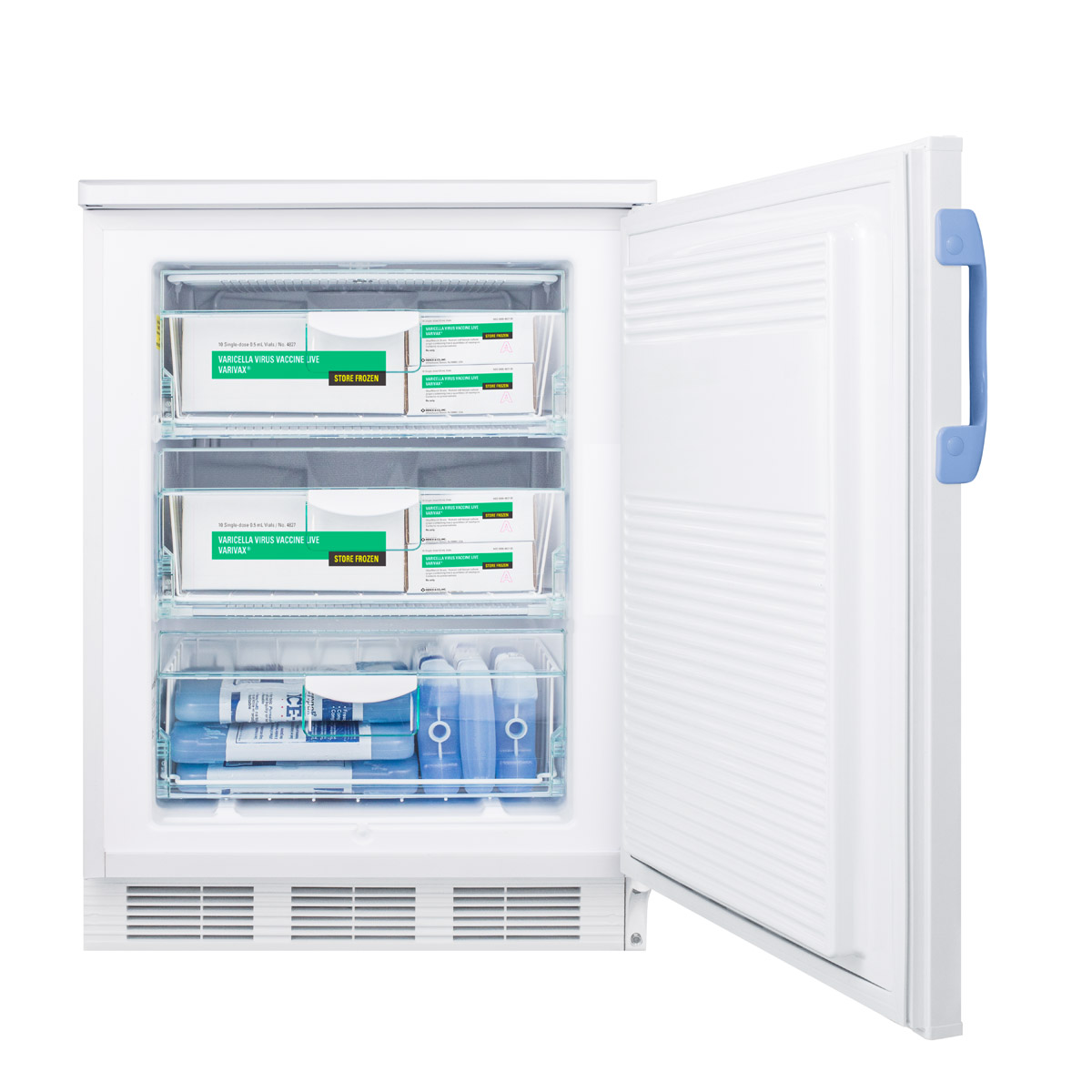 Built-in undercounter medical/scientific -25 C capable all-freezer with front control panel equipped with a digital thermostat and NIST calibrated thermometer/alarm